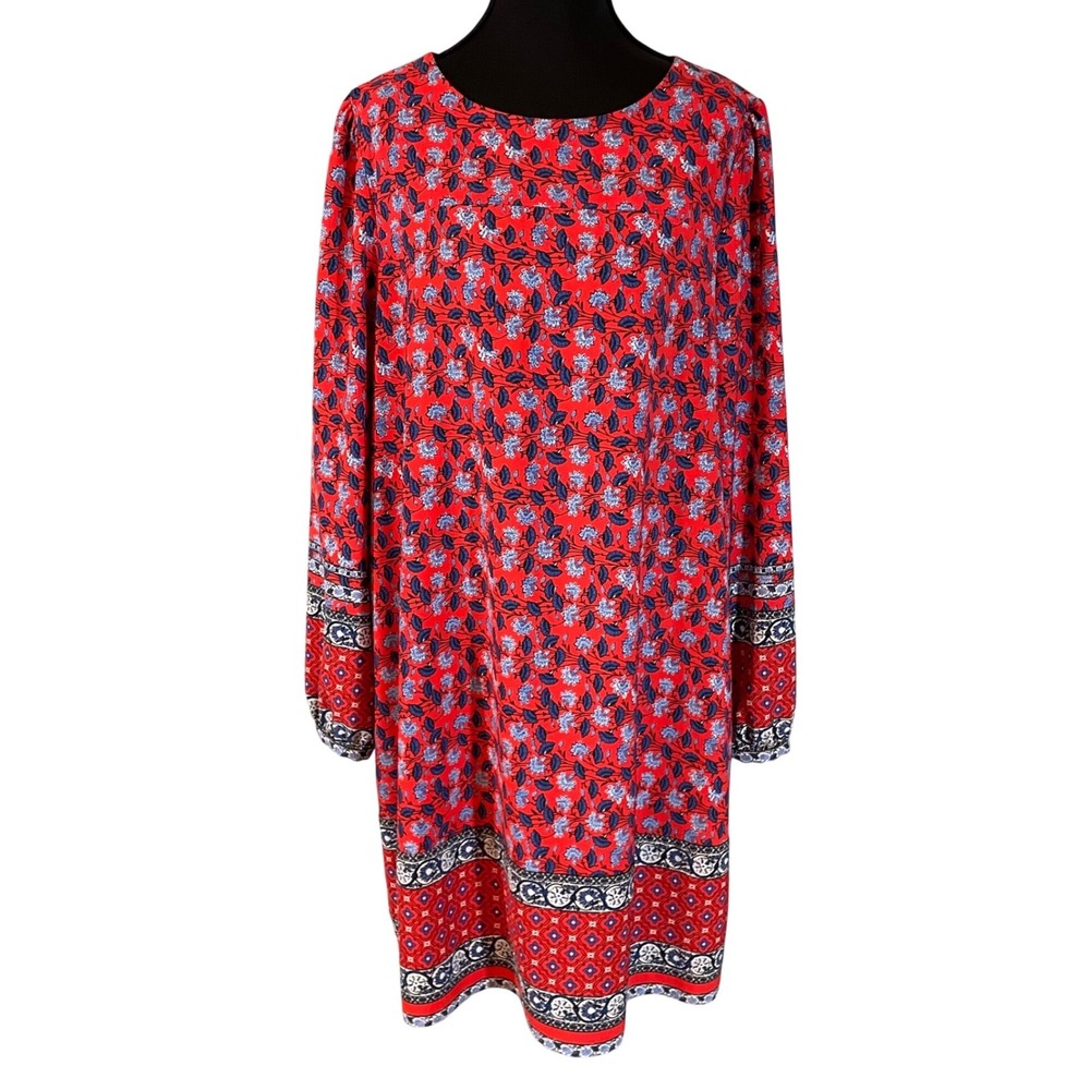 LOFT Womens Red Floral Border Print Long Sleeve Shift Dress Size M Medium